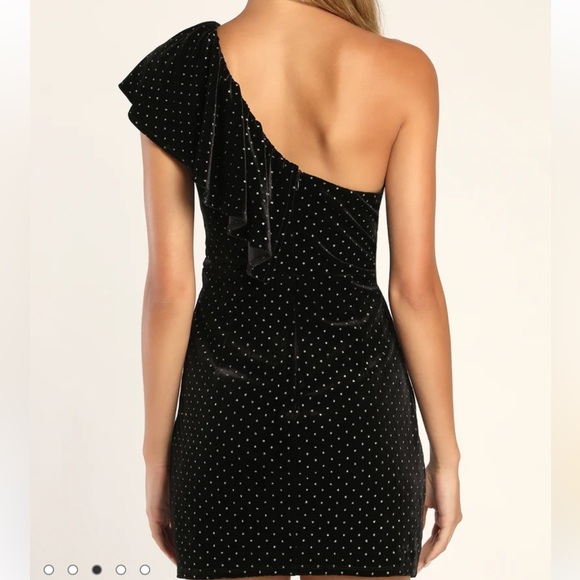 Pretty Glam Black Velvet Polka Dot One-Shoulder Mini Dress - Picture 3 of 4